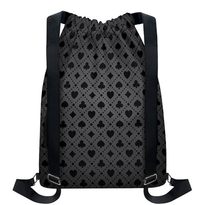 Black And Grey Playing Card Suits Print Drawstring Backpack
