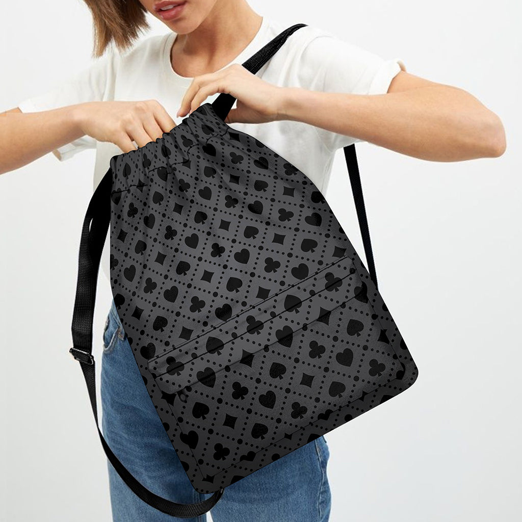 Black And Grey Playing Card Suits Print Drawstring Backpack