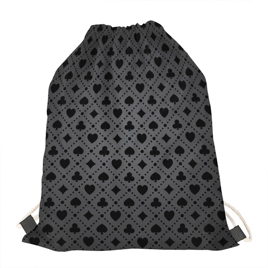 Black And Grey Playing Card Suits Print Drawstring Bag