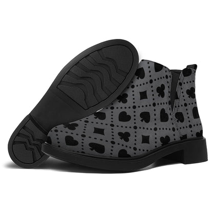 Black And Grey Playing Card Suits Print Flat Ankle Boots