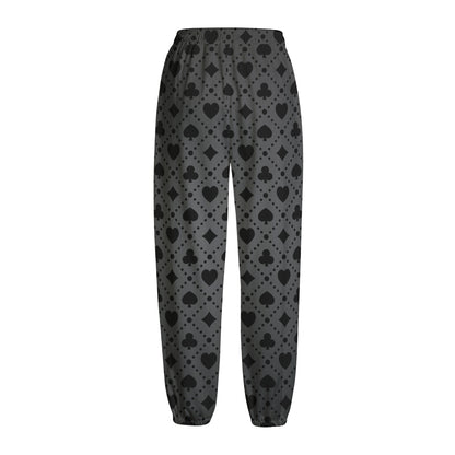 Black And Grey Playing Card Suits Print Fleece Lined Knit Pants