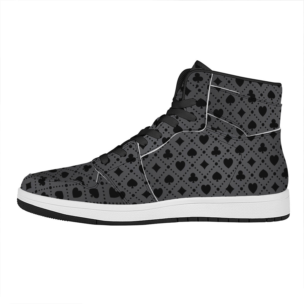 Black And Grey Playing Card Suits Print High Top Leather Sneakers