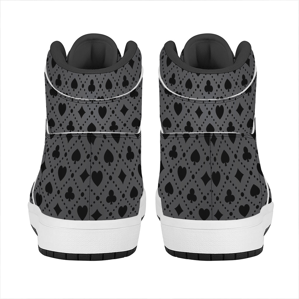 Black And Grey Playing Card Suits Print High Top Leather Sneakers