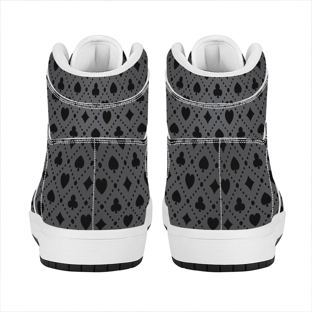 Black And Grey Playing Card Suits Print High Top Leather Sneakers