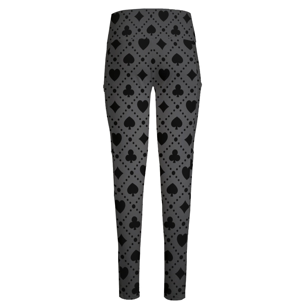 Black And Grey Playing Card Suits Print High-Waisted Pocket Leggings