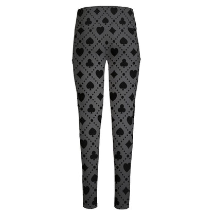 Black And Grey Playing Card Suits Print High-Waisted Pocket Leggings