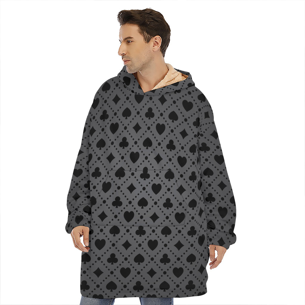 Black And Grey Playing Card Suits Print Hoodie Blanket