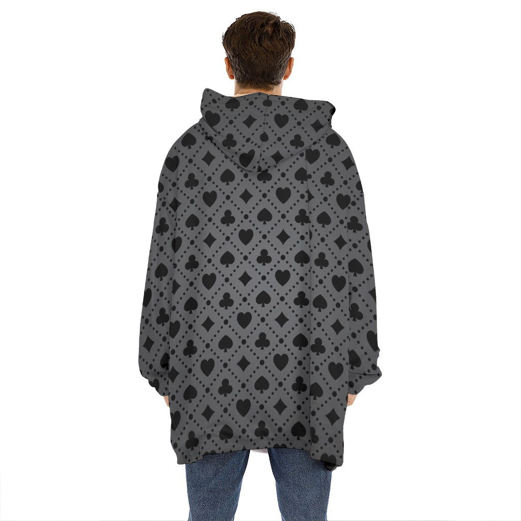 Black And Grey Playing Card Suits Print Hoodie Blanket
