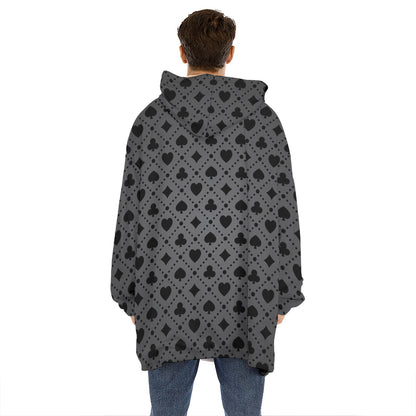 Black And Grey Playing Card Suits Print Hoodie Blanket