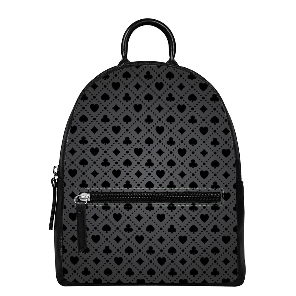 Black And Grey Playing Card Suits Print Leather Backpack