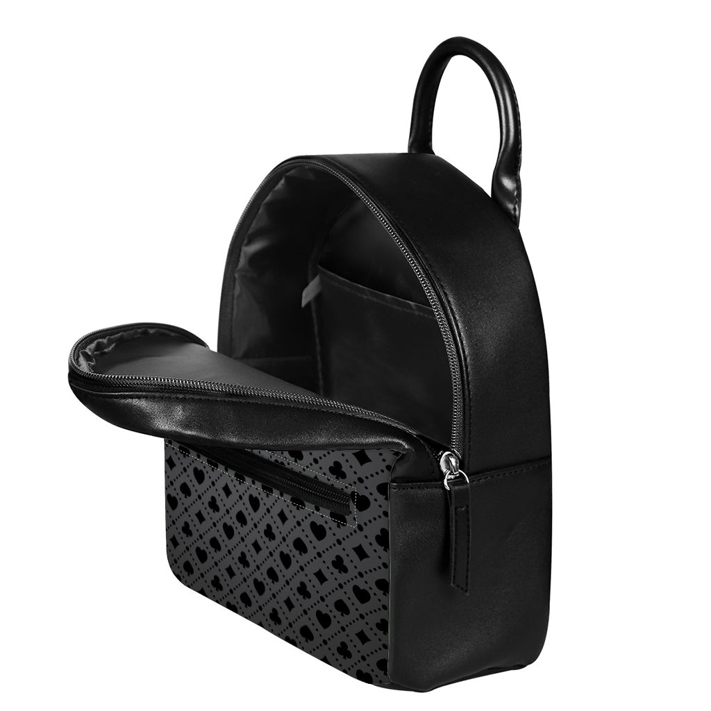 Black And Grey Playing Card Suits Print Leather Backpack