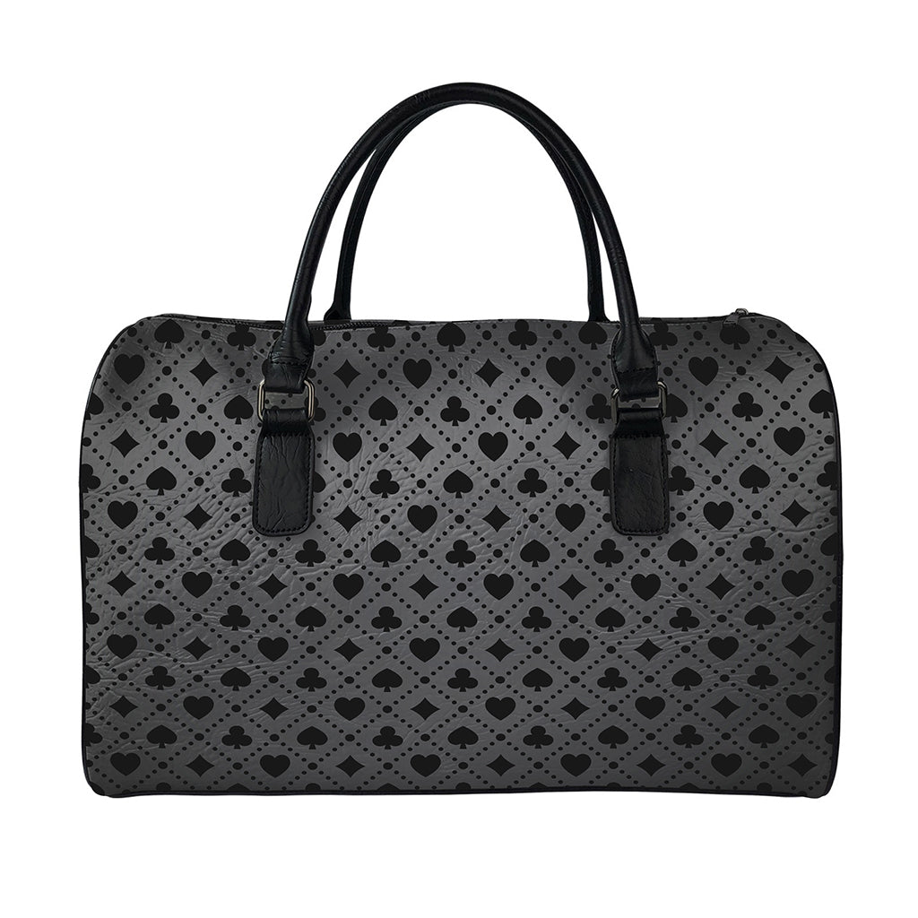 Black And Grey Playing Card Suits Print Leather Duffle Bag