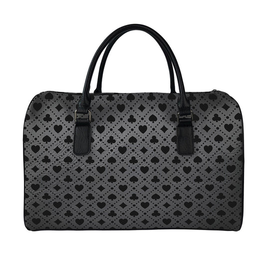 Black And Grey Playing Card Suits Print Leather Duffle Bag