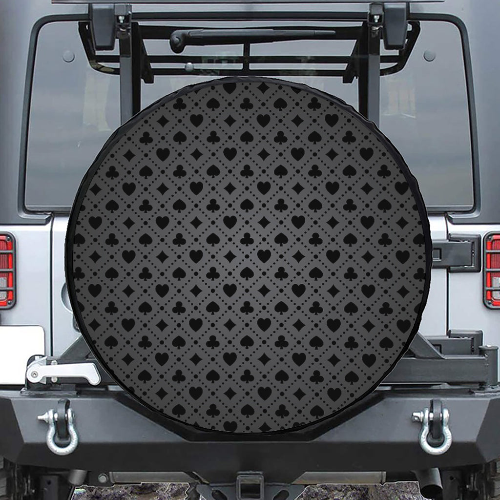 Black And Grey Playing Card Suits Print Leather Spare Tire Cover