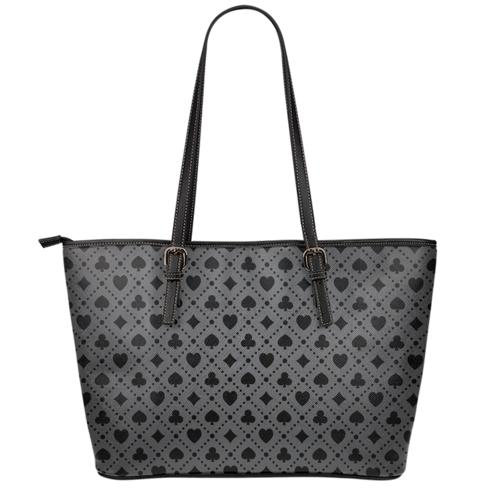 Black And Grey Playing Card Suits Print Leather Tote Bag