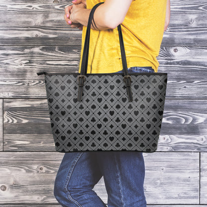 Black And Grey Playing Card Suits Print Leather Tote Bag