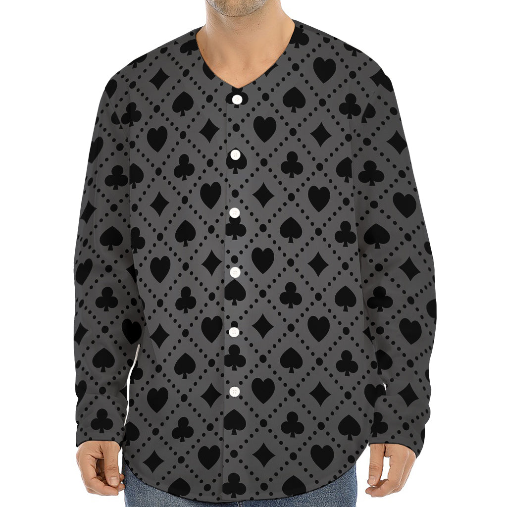 Black And Grey Playing Card Suits Print Long Sleeve Baseball Jersey