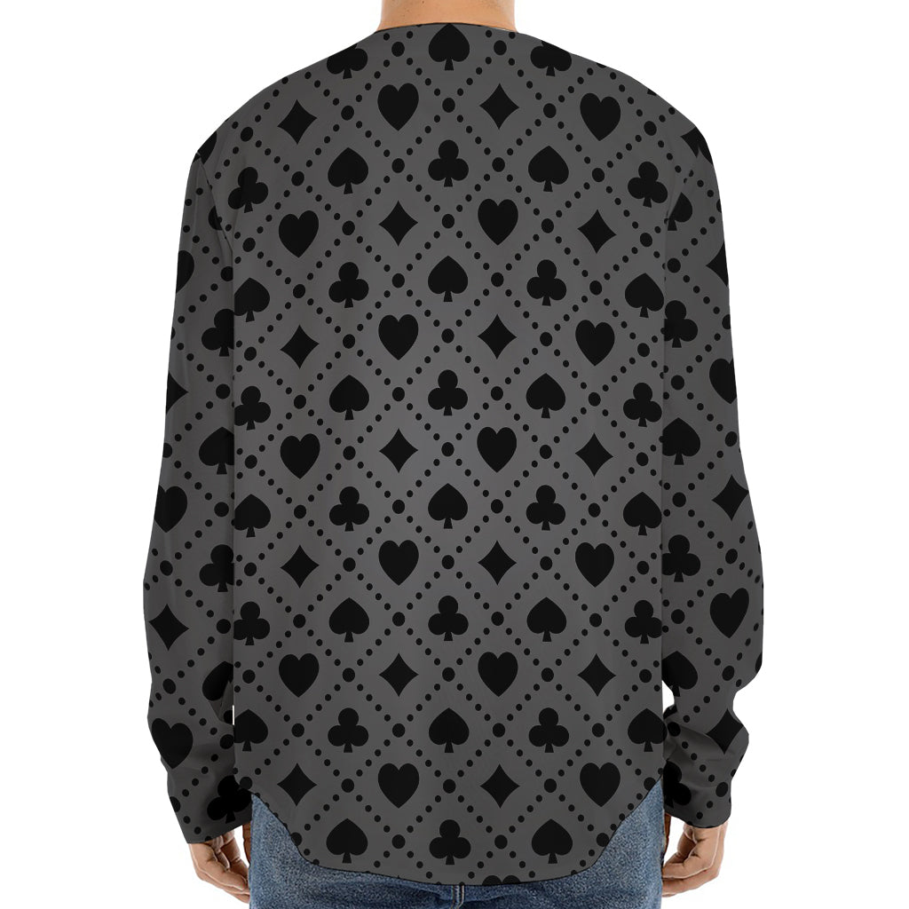 Black And Grey Playing Card Suits Print Long Sleeve Baseball Jersey