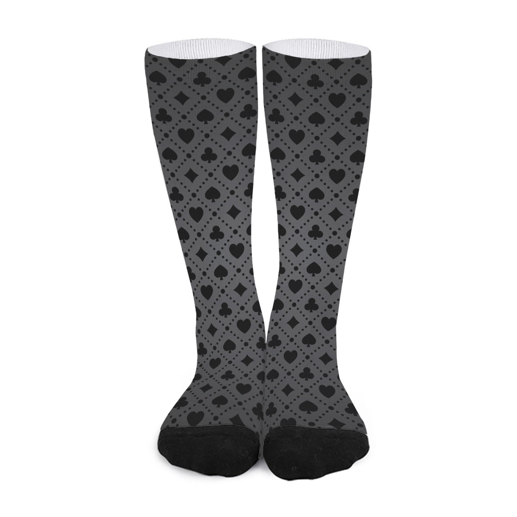 Black And Grey Playing Card Suits Print Long Socks