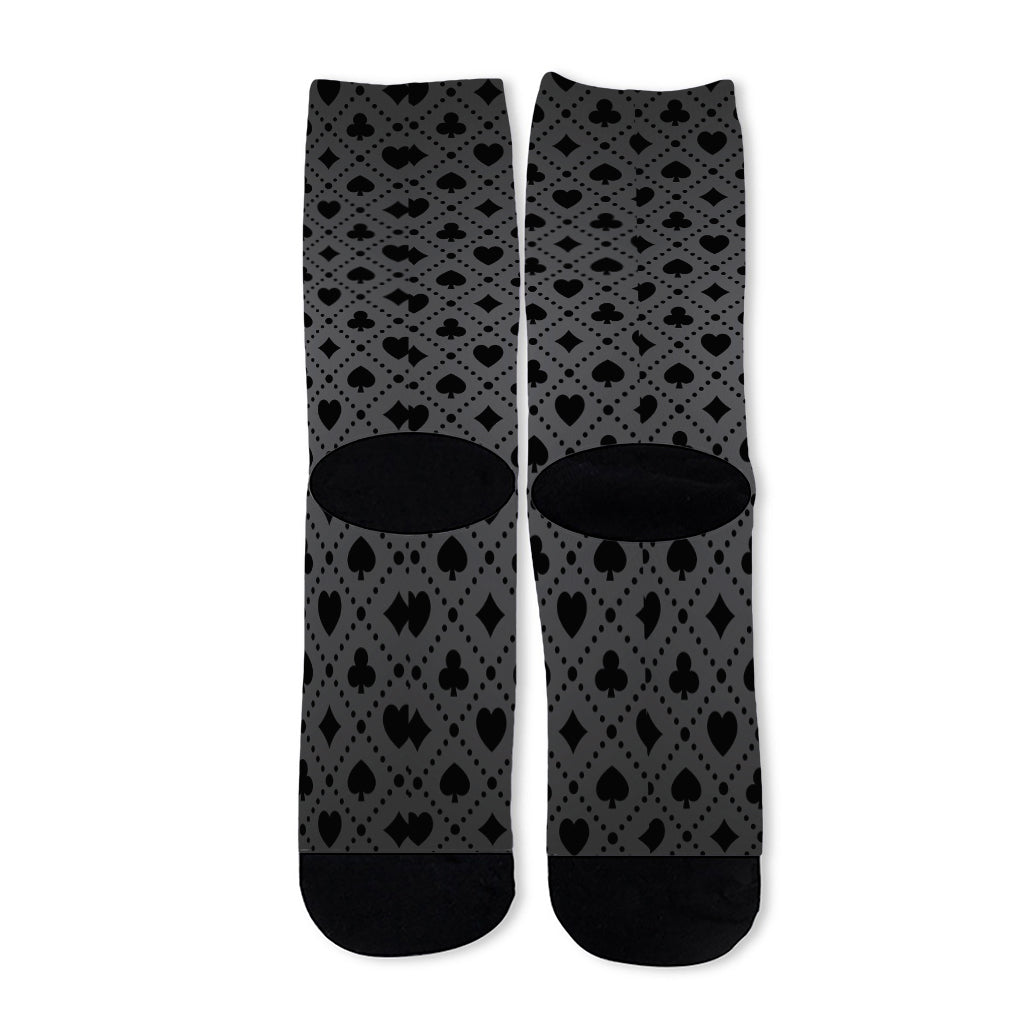 Black And Grey Playing Card Suits Print Long Socks