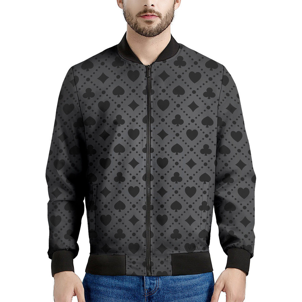Black And Grey Playing Card Suits Print Men's Bomber Jacket