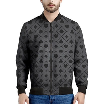 Black And Grey Playing Card Suits Print Men's Bomber Jacket