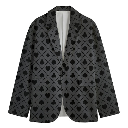 Black And Grey Playing Card Suits Print Men's Cotton Blazer