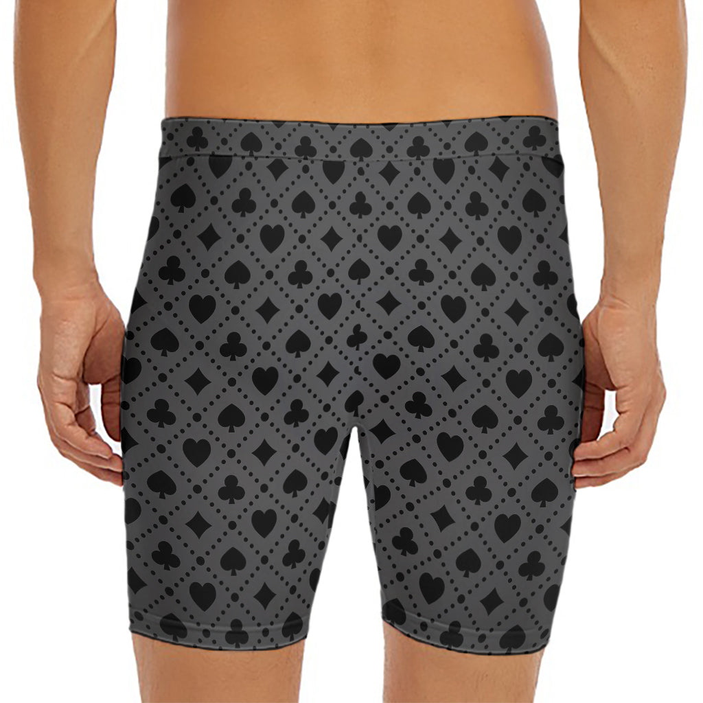 Black And Grey Playing Card Suits Print Men's Long Boxer Briefs