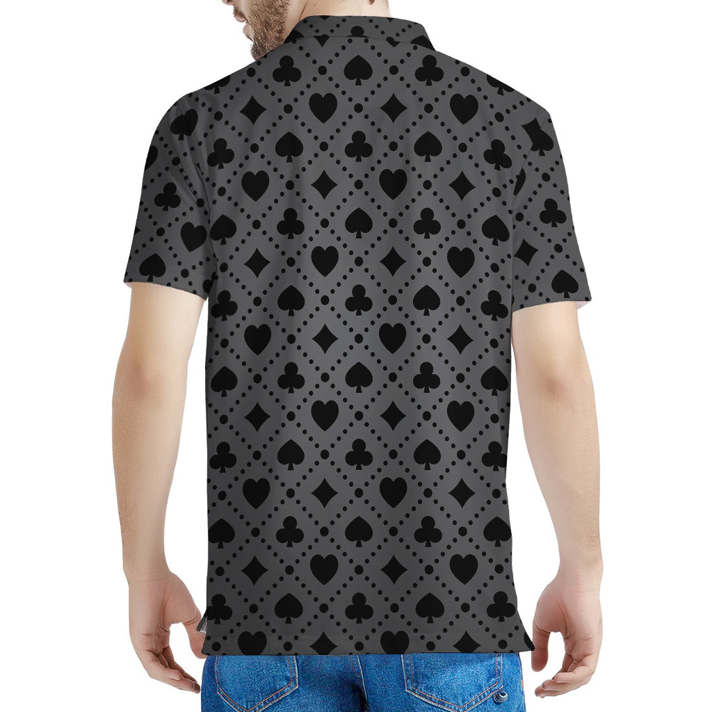 Black And Grey Playing Card Suits Print Men's Polo Shirt