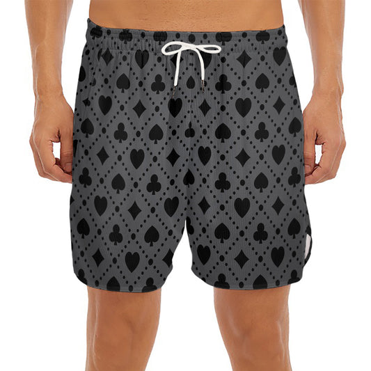 Black And Grey Playing Card Suits Print Men's Split Running Shorts
