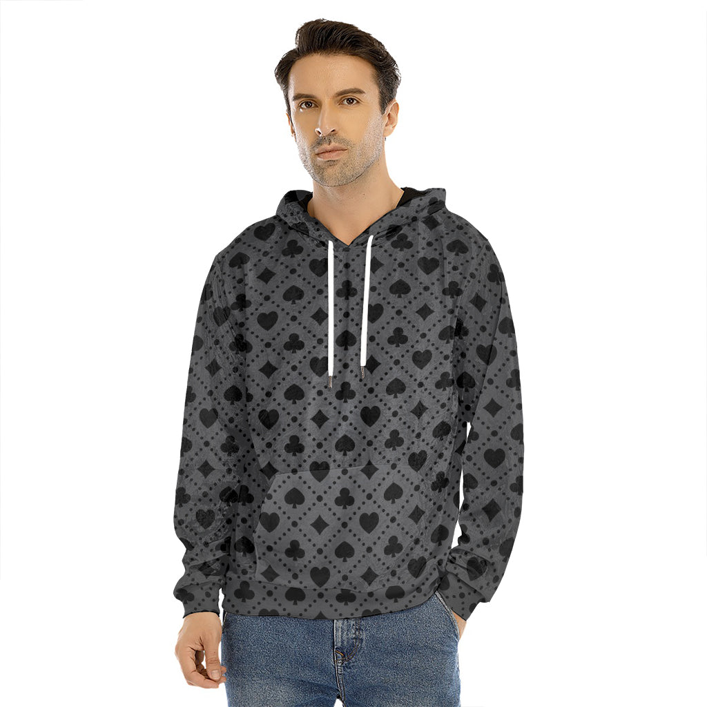 Black And Grey Playing Card Suits Print Men's Velvet Pullover Hoodie