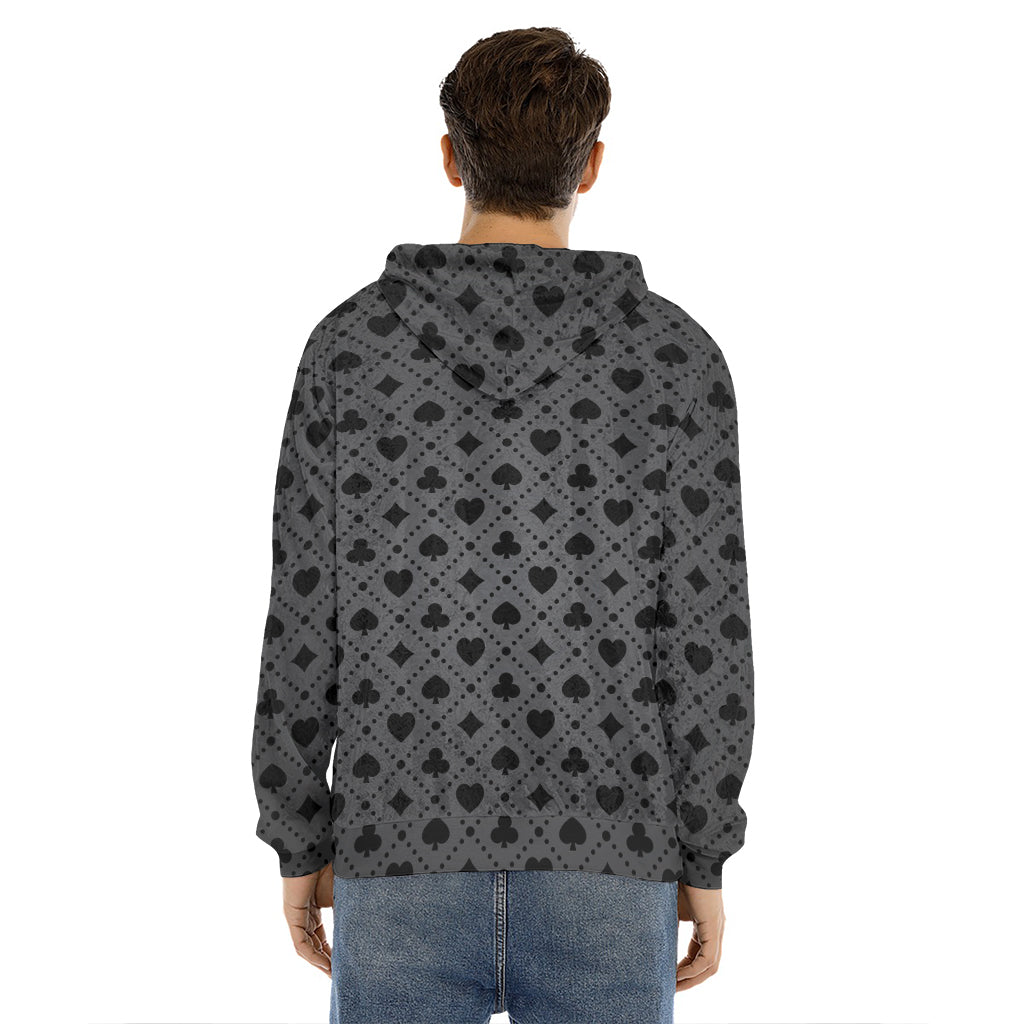 Black And Grey Playing Card Suits Print Men's Velvet Pullover Hoodie