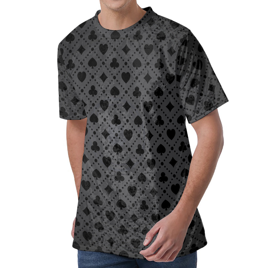 Black And Grey Playing Card Suits Print Men's Velvet T-Shirt