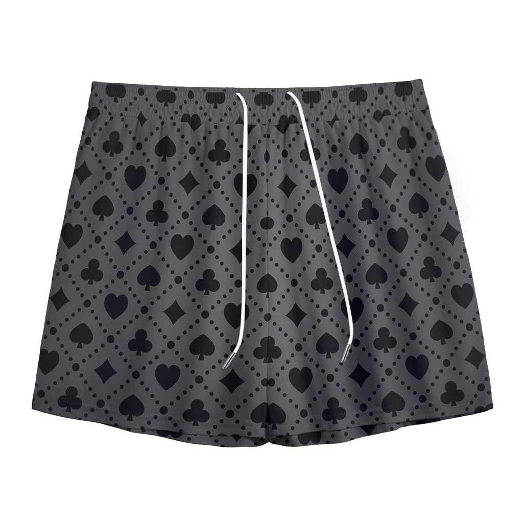 Black And Grey Playing Card Suits Print Mesh Shorts