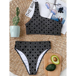 Black And Grey Playing Card Suits Print One Shoulder Bikini Top