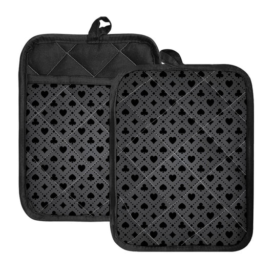 Black And Grey Playing Card Suits Print Pot Holders With Pocket