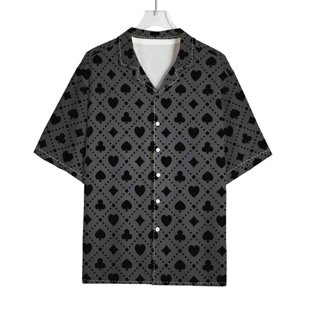 Black And Grey Playing Card Suits Print Rayon Hawaiian Shirt