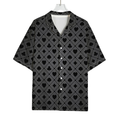 Black And Grey Playing Card Suits Print Rayon Hawaiian Shirt