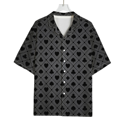 Black And Grey Playing Card Suits Print Rayon Hawaiian Shirt
