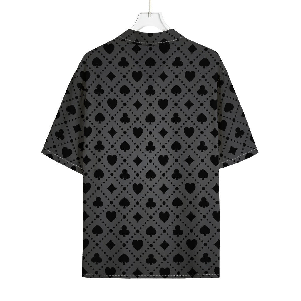Black And Grey Playing Card Suits Print Rayon Hawaiian Shirt