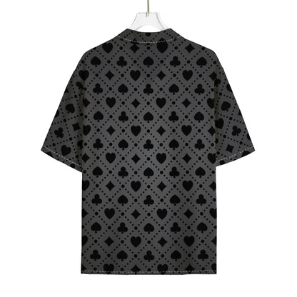 Black And Grey Playing Card Suits Print Rayon Hawaiian Shirt