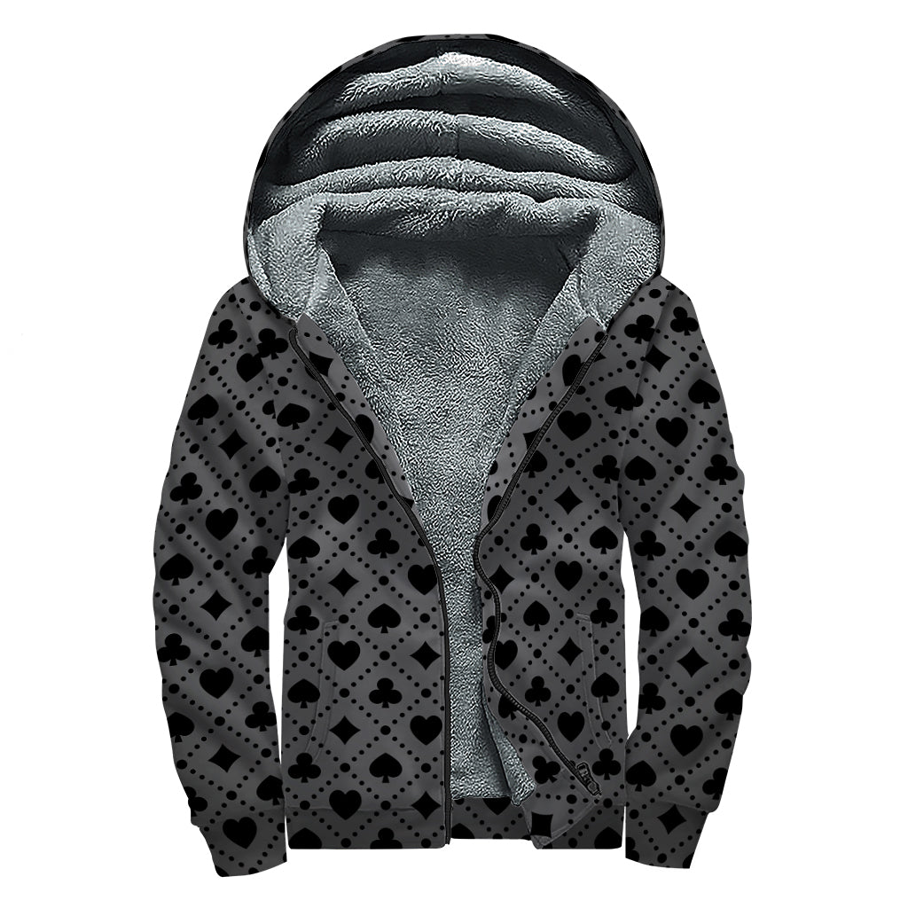 Black And Grey Playing Card Suits Print Sherpa Lined Zip Up Hoodie