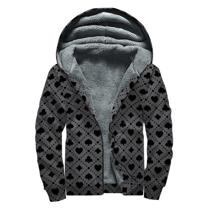 Black And Grey Playing Card Suits Print Sherpa Lined Zip Up Hoodie