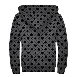 Black And Grey Playing Card Suits Print Sherpa Lined Zip Up Hoodie