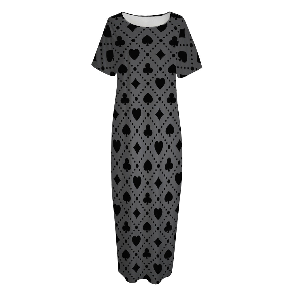 Black And Grey Playing Card Suits Print Short Sleeve Long Nightdress