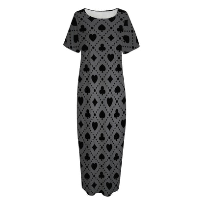 Black And Grey Playing Card Suits Print Short Sleeve Long Nightdress