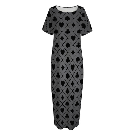 Black And Grey Playing Card Suits Print Short Sleeve Long Nightdress