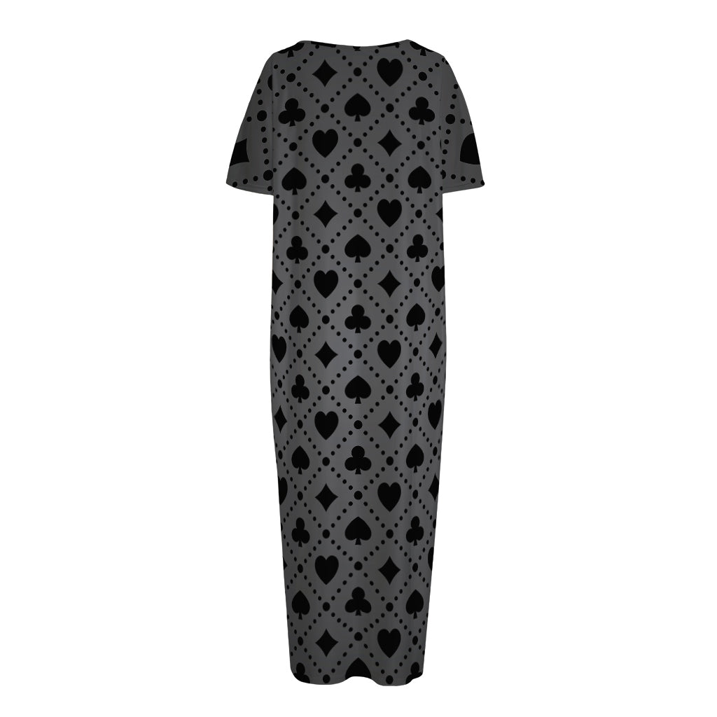 Black And Grey Playing Card Suits Print Short Sleeve Long Nightdress