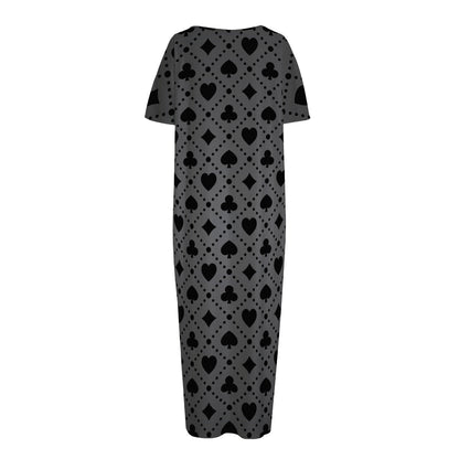 Black And Grey Playing Card Suits Print Short Sleeve Long Nightdress