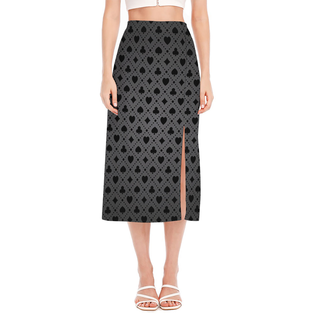 Black And Grey Playing Card Suits Print Side Slit Midi Skirt